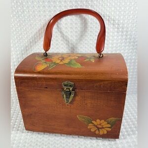 Vintage Floral Decoupage Wood Purse Lucite Handle Sunflowers & Strawberries